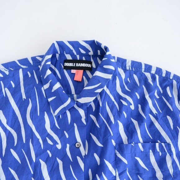 Double Rainbouu Blue And White Stripe 100% Cotton Crop Top Button Up Shirt L - Picture 7 of 10